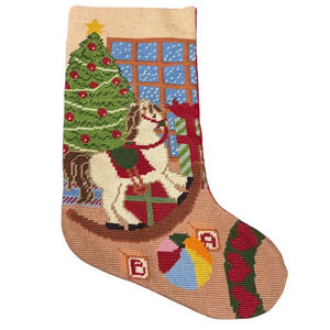 Vintage Wool Needlepoint Christmas Stocking Velvet‎ Back Holiday Decoration Toys